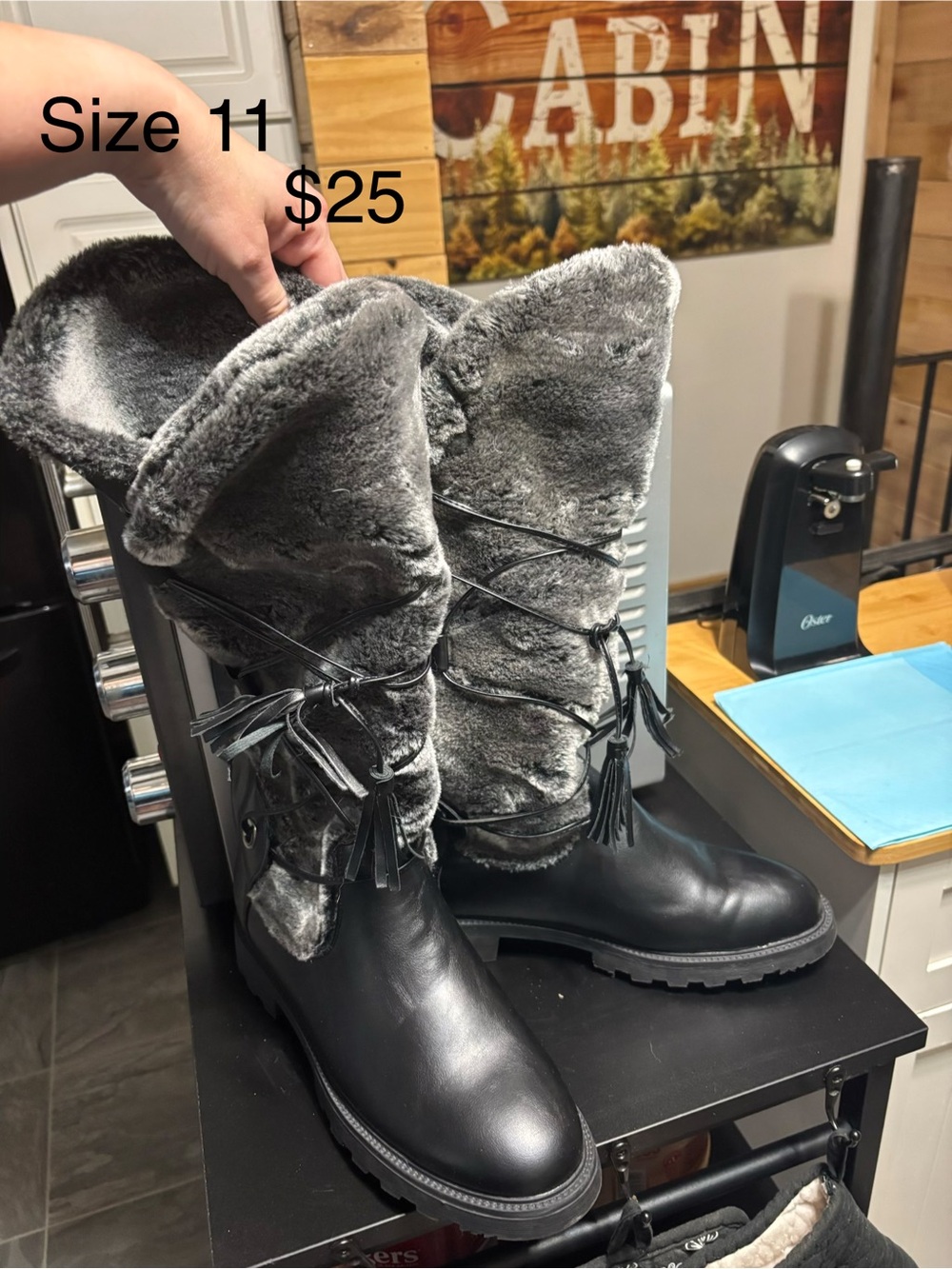 Women’s Black Faux Fur Snow Boots with Tassel Lacing